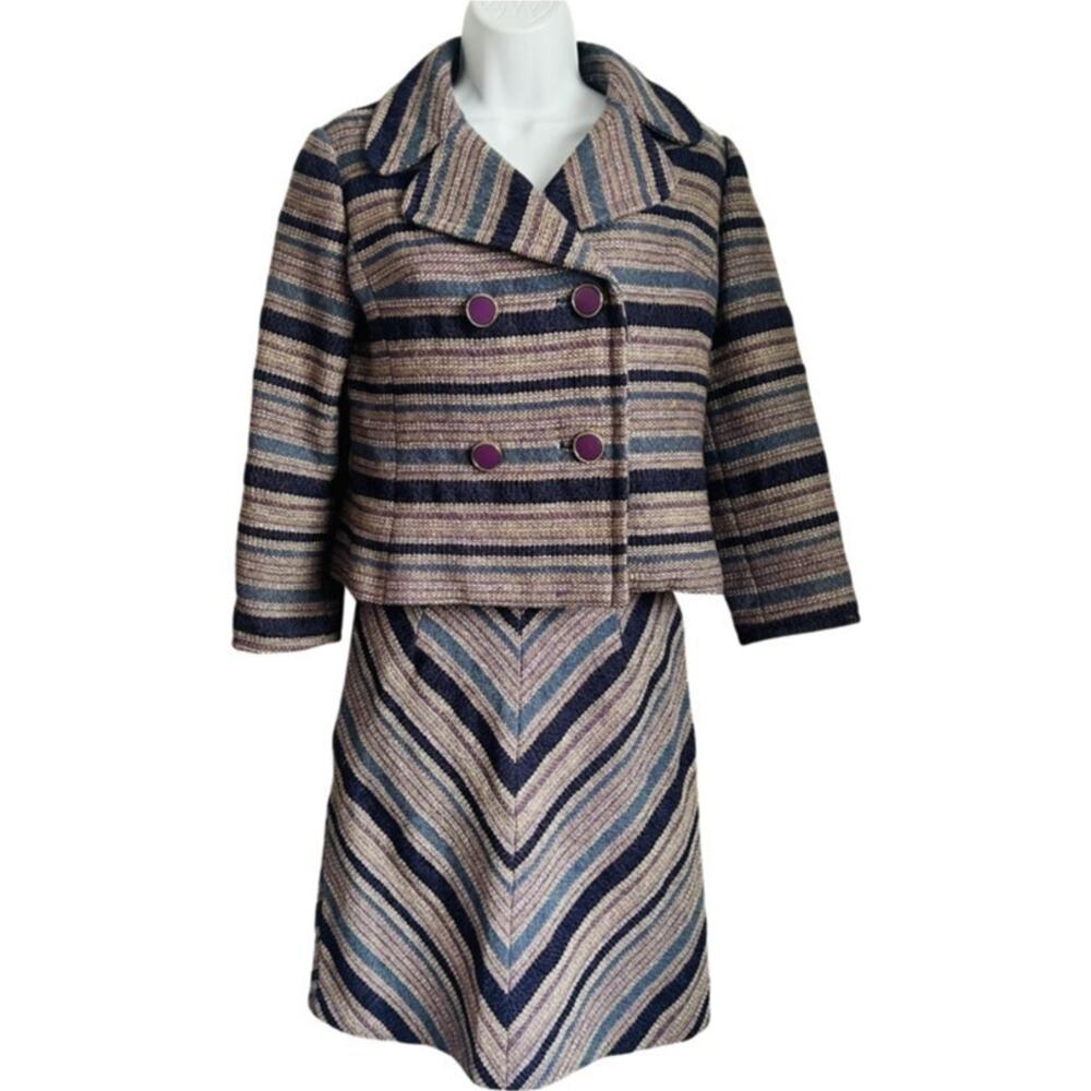 Vintage Purple Blue Tan Striped Tweed Skirt Suit Japanese 90s 6 Cynsia Command